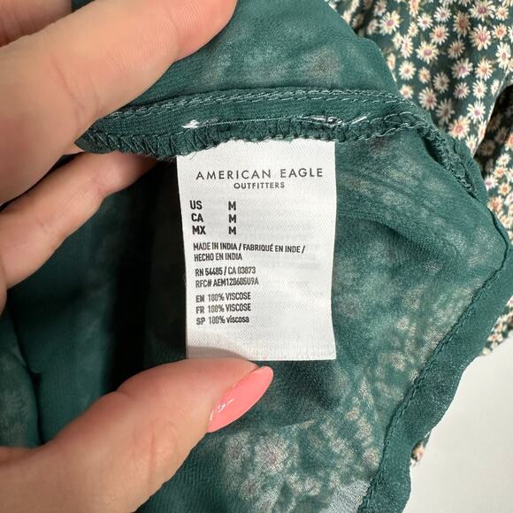 American Eagle Women’s Green Square Neck Daisy Mini Scoop Back 3/4 Sleeve Dress - Picture 8 of 10